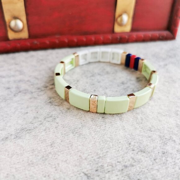 Roxanne Assoulin Just Say Love Enamel Stretch Bracelet - Gold & Light Green - Picture 2 of 3